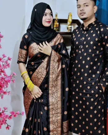 বেনারসি সিল্ক শাড়ি+ব্লাউজ+পাঞ্জাবি - S4 (কালো)