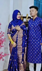 বেনারসি সিল্ক শাড়ি+ব্লাউজ+পাঞ্জাবি - S5 (নীল)