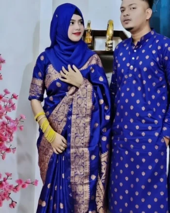 বেনারসি সিল্ক শাড়ি+ব্লাউজ+পাঞ্জাবি - S5 (নীল)