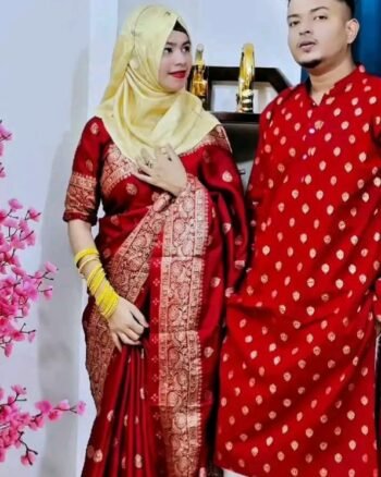 বেনারসি সিল্ক শাড়ি+ব্লাউজ+পাঞ্জাবি - S6 (লাল)